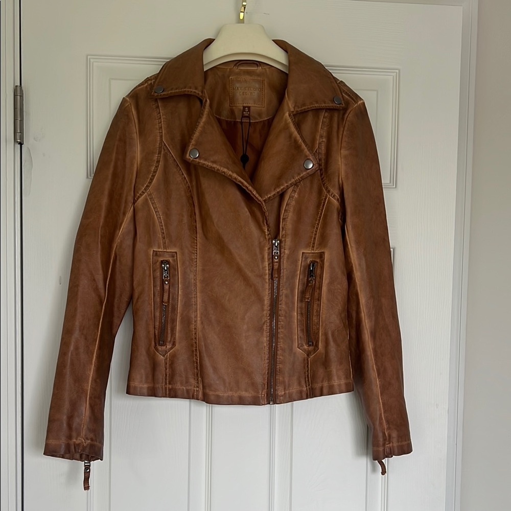 Max Studio Brown Leather Moto Jacket Asymmetrical Zipper